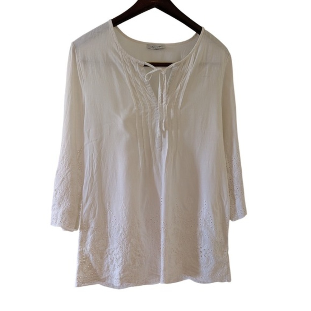 Rose & Rhyme White Eyelet Embroidered Tunic Blouse Tie Neck Pintuck 3/4 Sleeve M